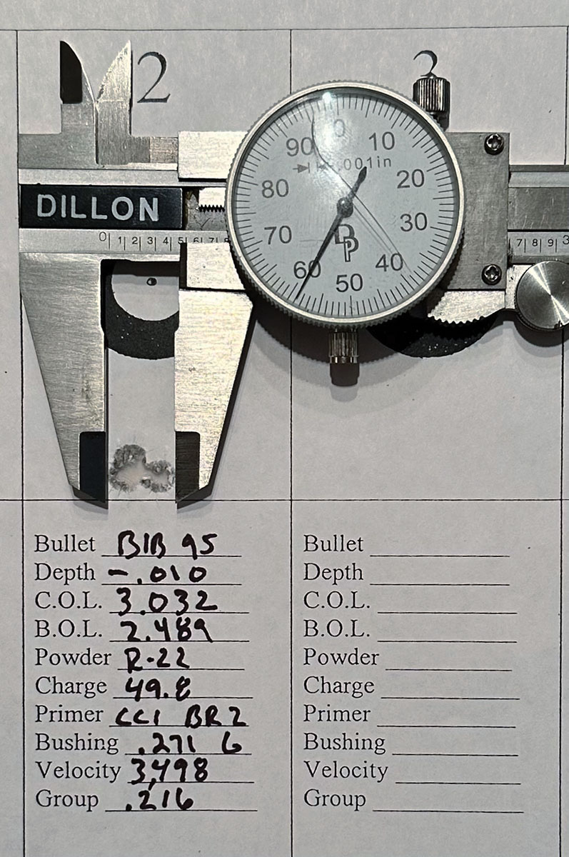 A three-shot group confirming the load used in the 6mm Remington AI for the 2023 coyote season.